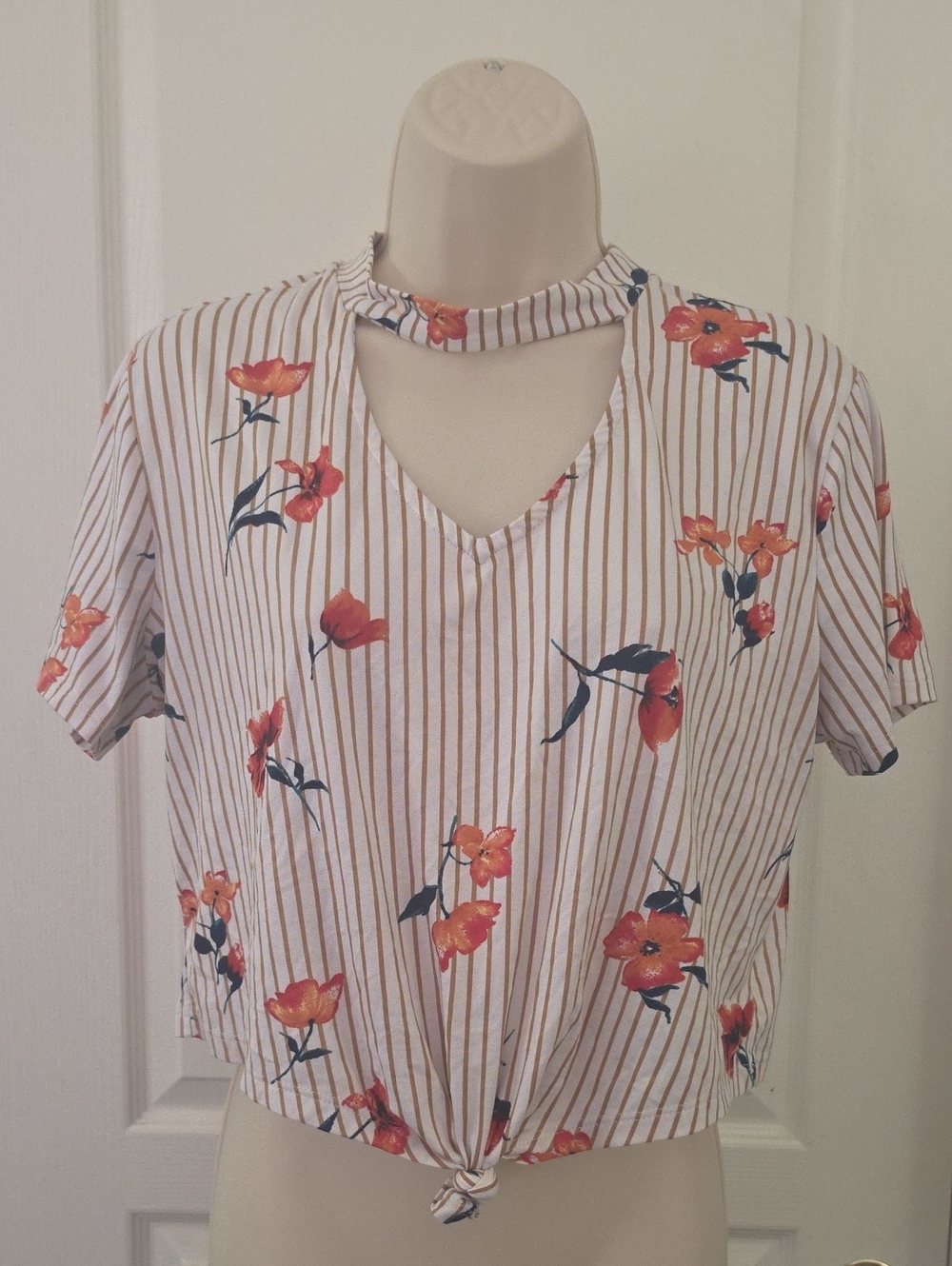 Iris | Cream and Tan Striped Crop Top with Orange Floral Print Choker Collar-L